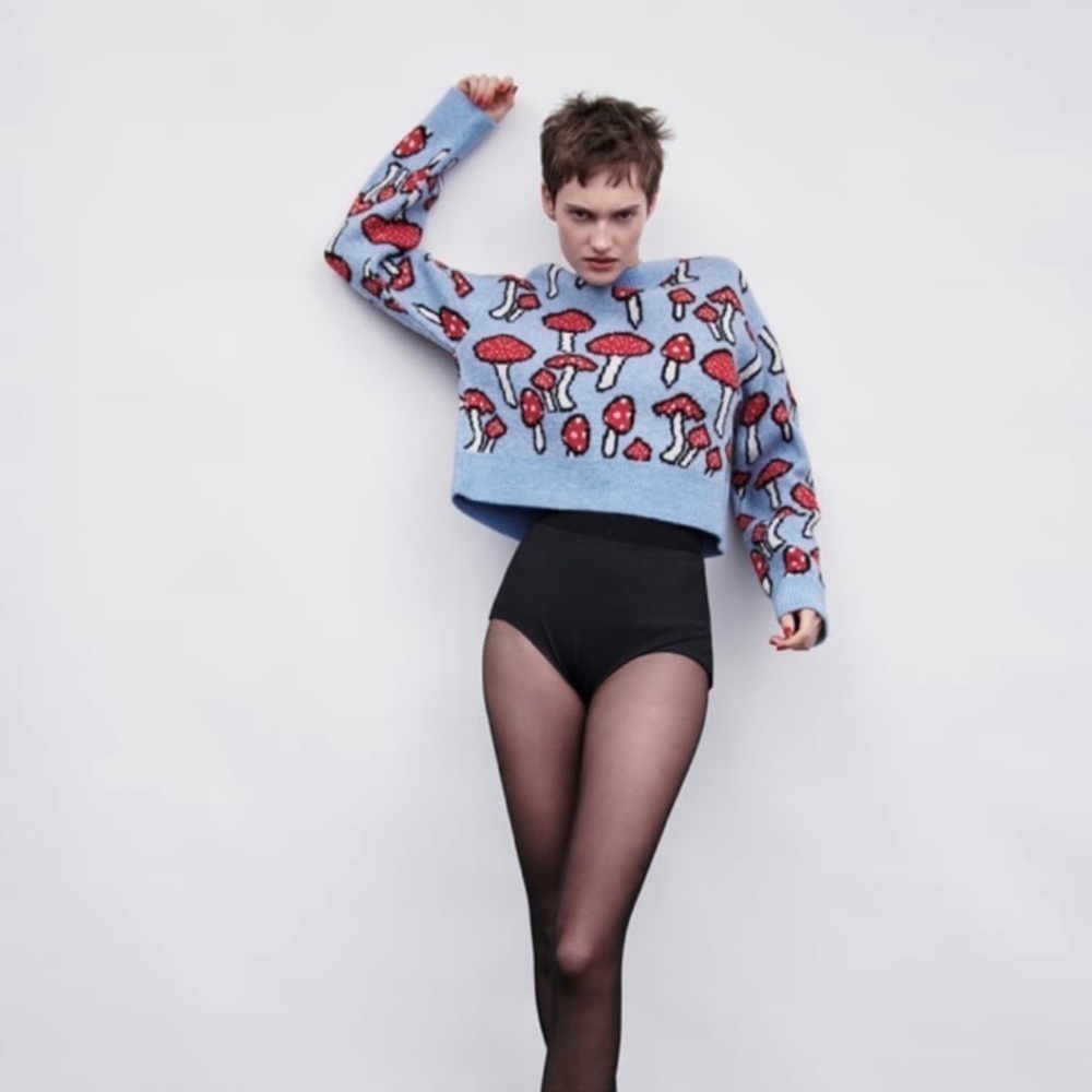 Zara Blogger's Favorite Knit Mushroom Long Sleeve Crew Neck Novelty Sweater - Picture 3 of 16
